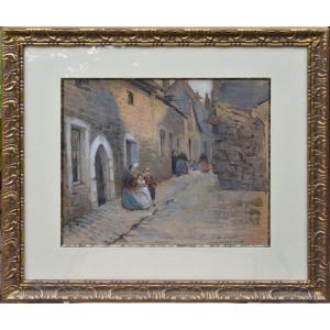 Louise Saint "busy Street At "pont Labbé"" 1916 Pastel 34x38